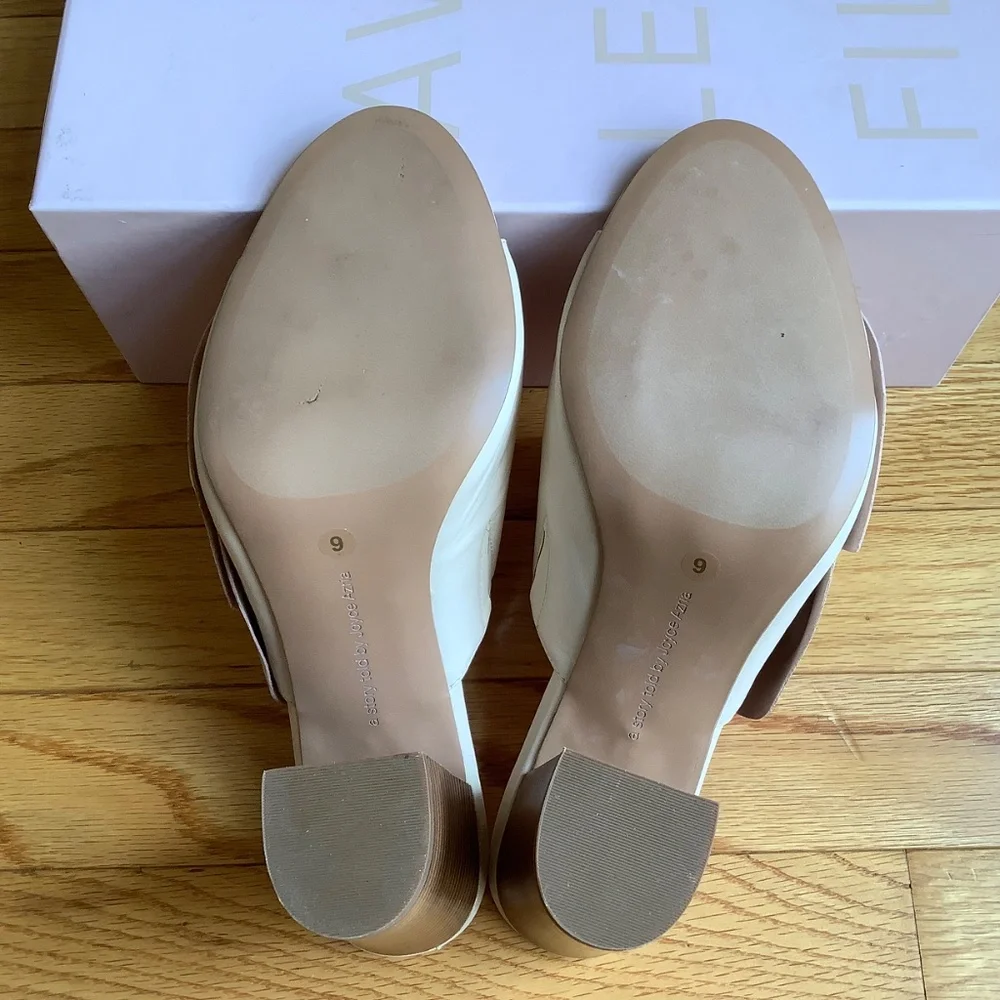 Avec Les Filles Marie Leather Bow Block-Heel Slide Sandals Pink Sand Nappa SZ 9